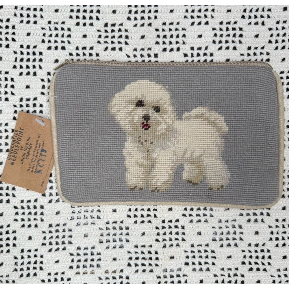 NWT Vintage Bichon Frise Wool Needlepoint Zipper Pouch Bag